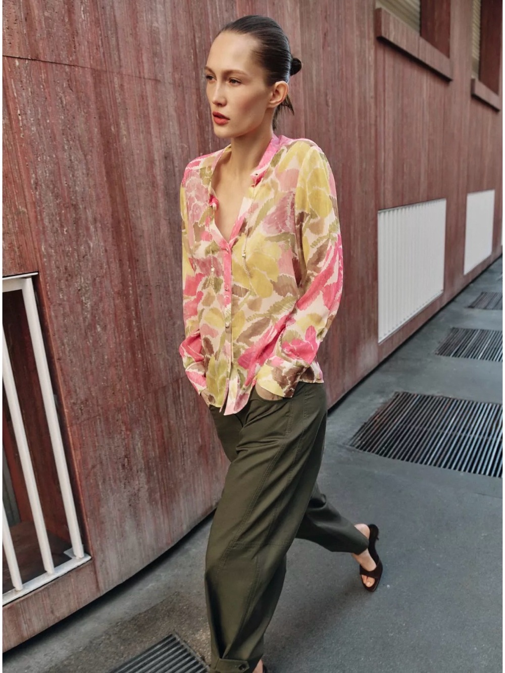 Zara Pink and Yellow Floral Button-Down Shirt